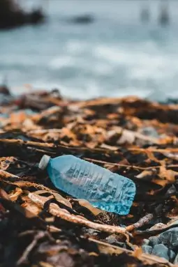 Residuos plásticos. Botella de mar en la playa.