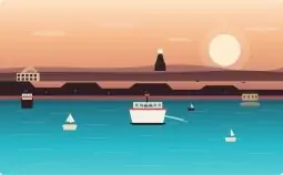 Sunset harbor scene with boats on turquoise water, calm waves, and distant hills under a large orange sun.