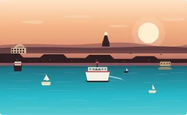 Escena del puerto al atardecer, con barcos en aguas turquesas, olas tranquilas y colinas distantes bajo un gran sol naranja.