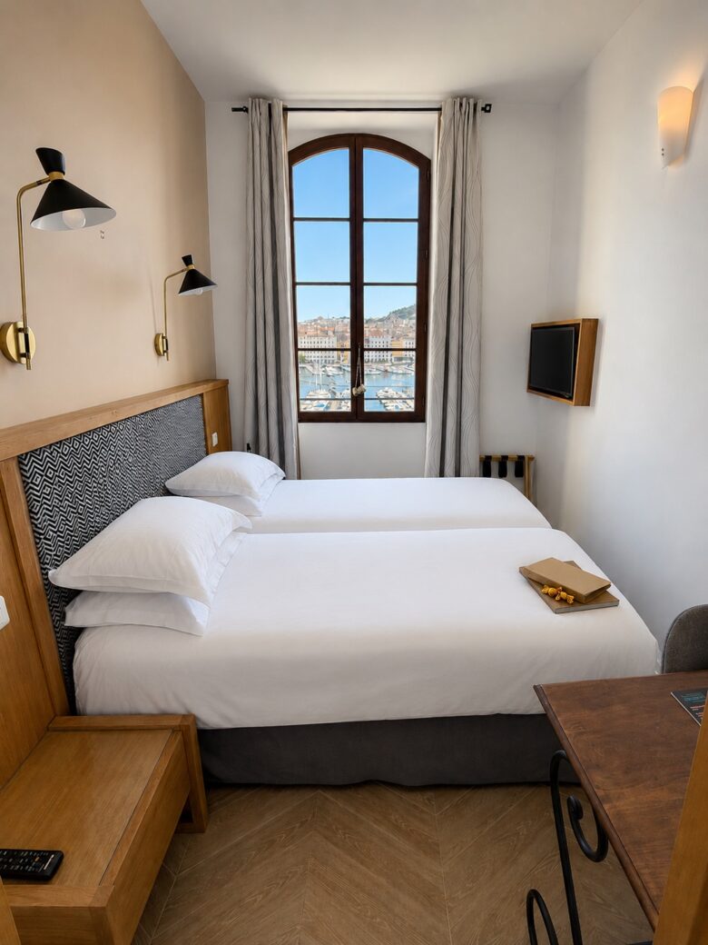 Chambre twin avec lits jumeaux et fenêtre cintrée donnant sur le Vieux-Port, Hôtel Bellevue Marseille